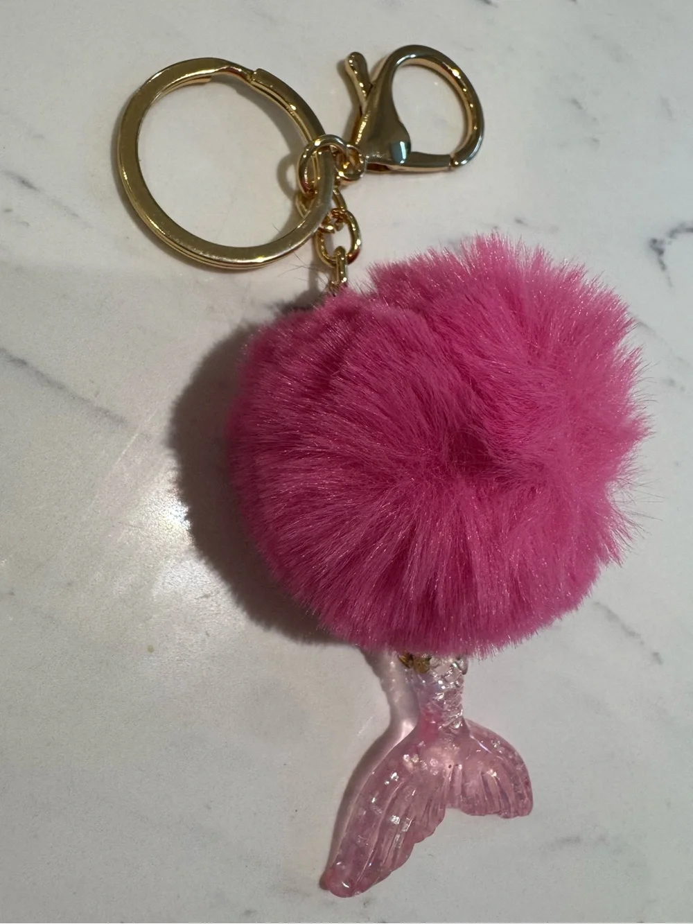 Pink Pom Pom Keychain with Mermaid Tail Charm